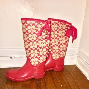 Coach tristee pink coral bow rain boots tie up